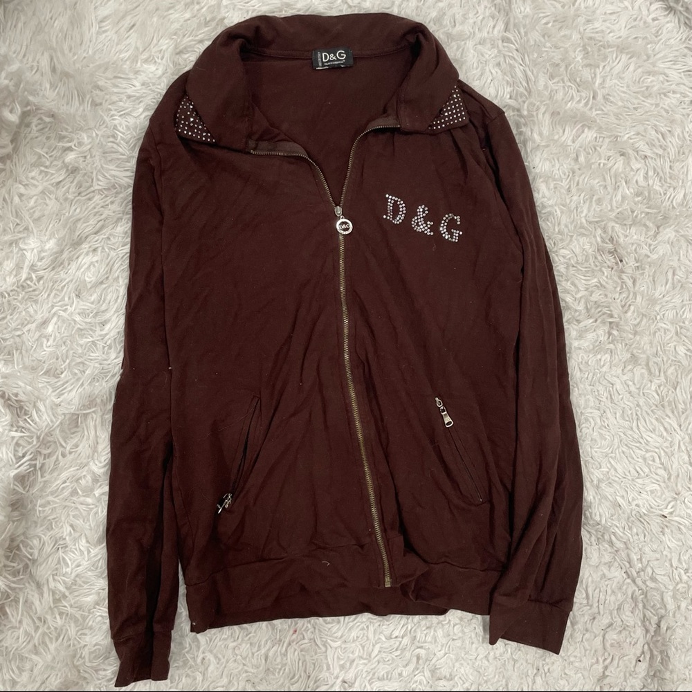 D&G DOLCE & GABBANA brown collared long sleeve zip up bedazzled jacket- medium